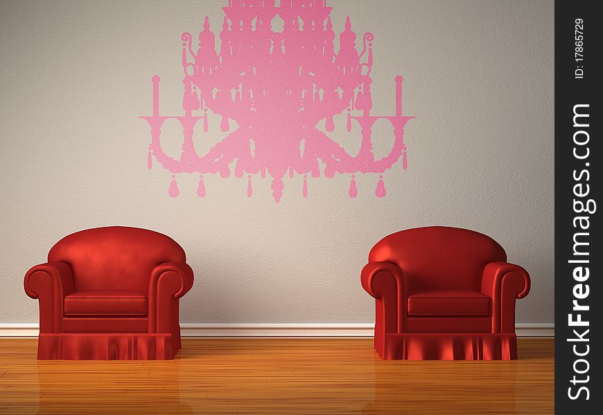 Two red chairs with silhouette of chandelier