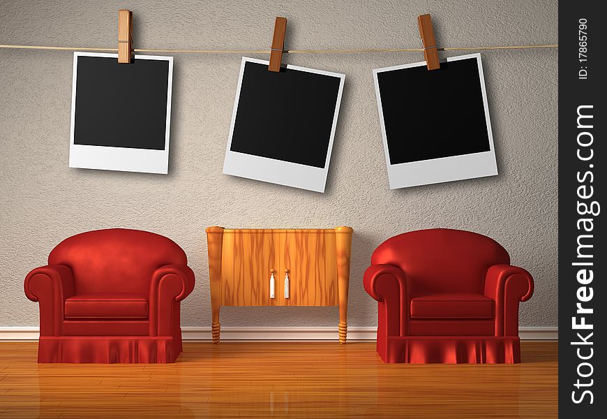 Two red chairs with instant photo's frames in minimalist interior