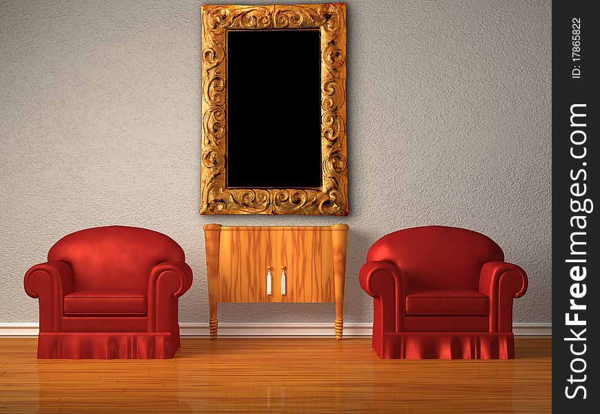 Two chairs with wooden console and modern frame