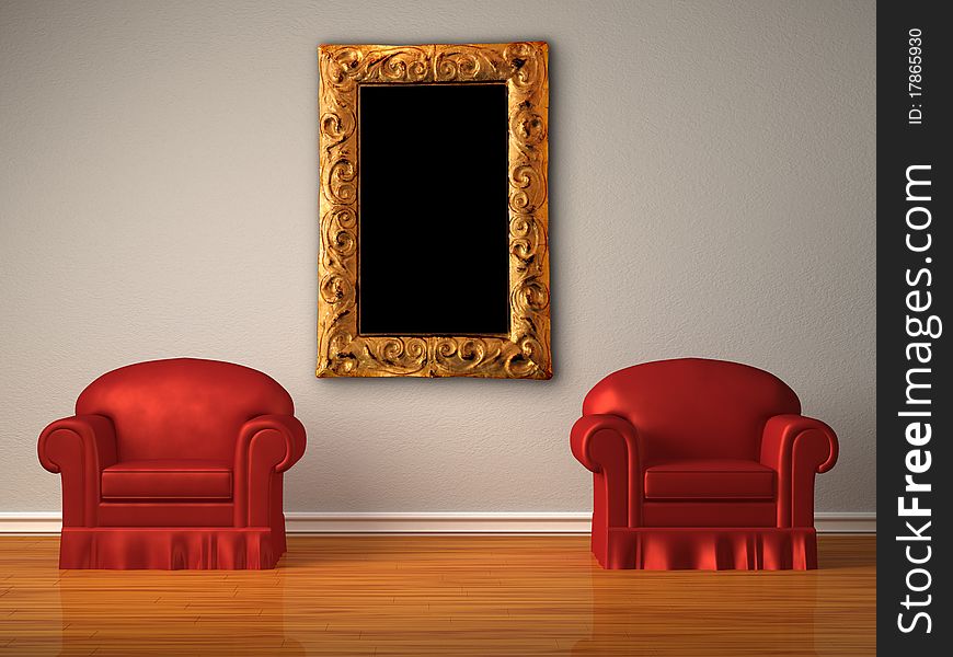 Two red chairs with modern frame