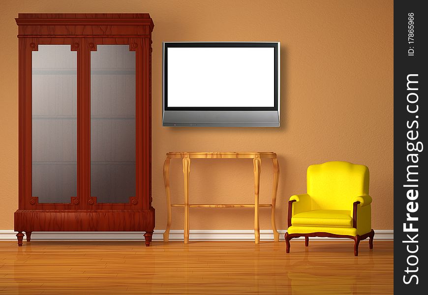 Cupboard with lcd tv, wooden table and chair in minimalist interior