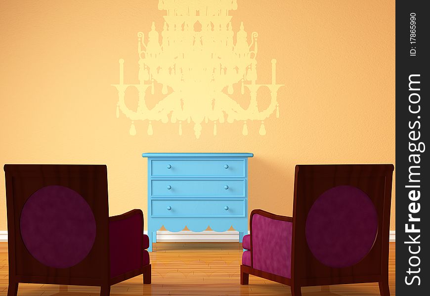 Two chairs opposite wooden bedside with silhouette of chandelier in minimalist interior