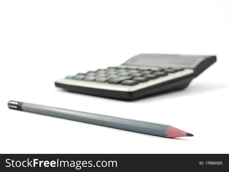 Simple pencil and a calculator on a white background