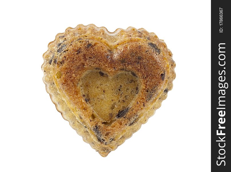 Muffins with chocolate in a heart on a white background