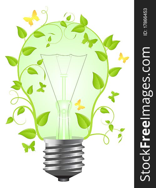Tungsten light bulb with plant. Isolated on white background. Vector illustration.