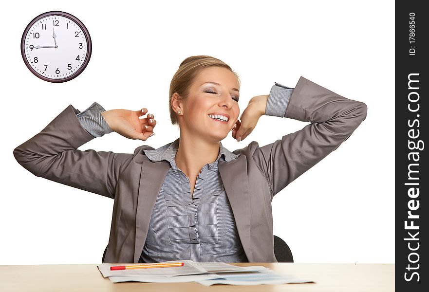 Businesswoman bored in office isolated on white. Businesswoman bored in office isolated on white