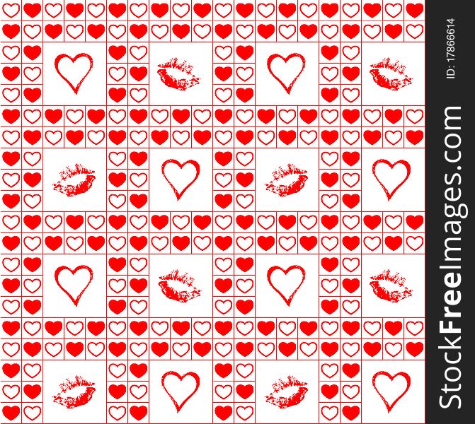 Vector seamless pattern with hearts and lip print. Vector seamless pattern with hearts and lip print.