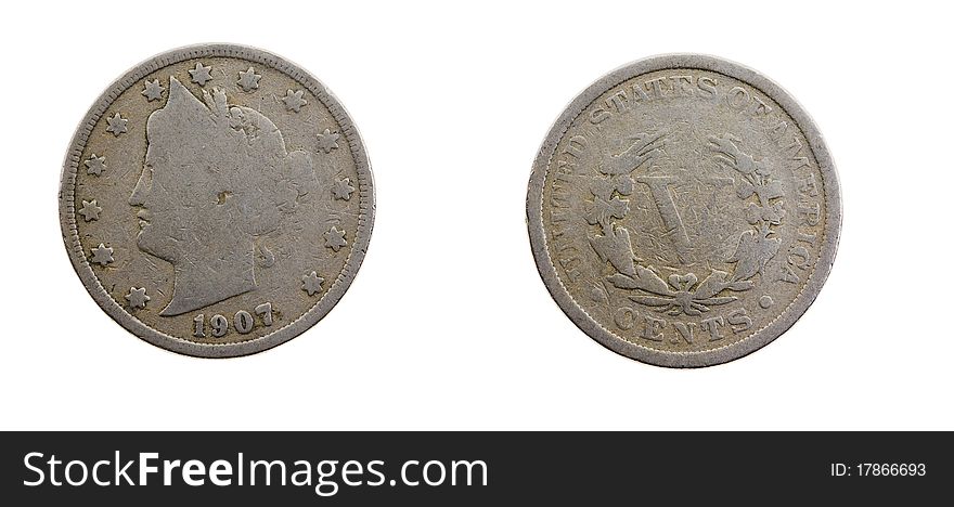 Old American silver coin in five cents (isolated)