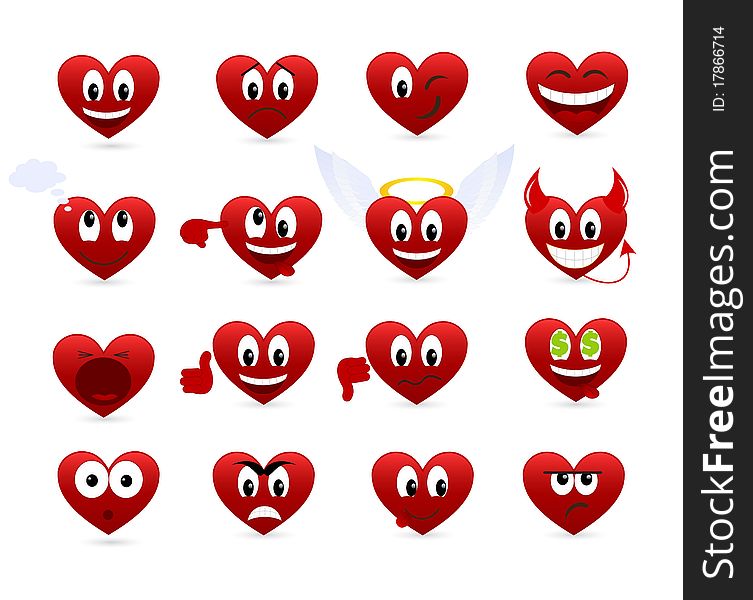 Set of smilies of heart shape with many emotions. Vector illustration.