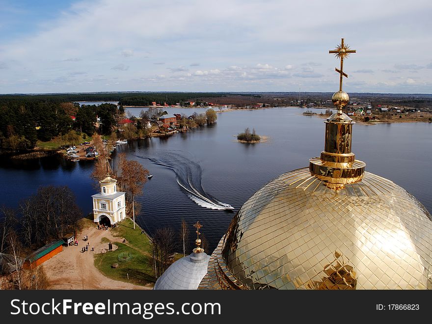 Gold domes of church in a monastery of Nil Stolbenskij