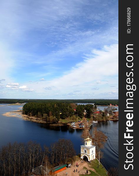 Church and island on lake Seliger in the spring