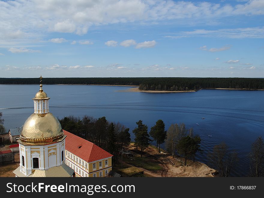 Church on lake Seliger in the spring