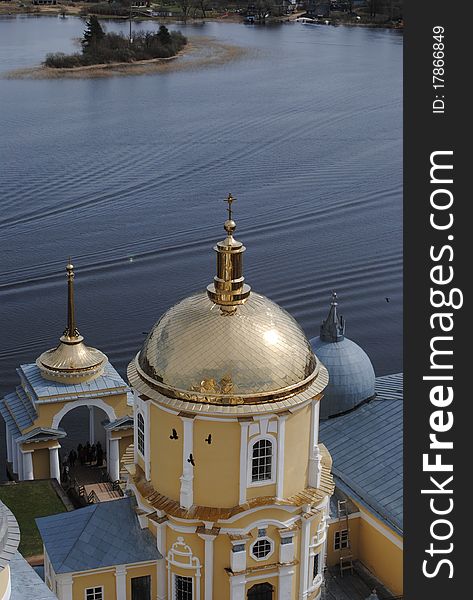 Gold domes of church in a monastery of Nil Stolbenskij