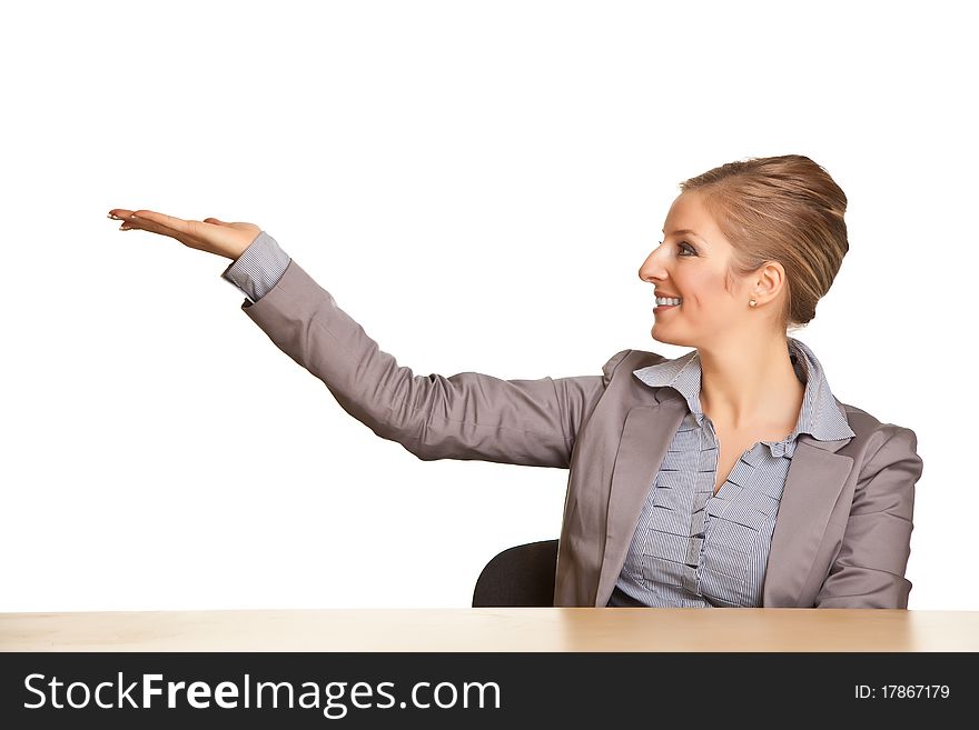 Businesswoman in suit pointing hand