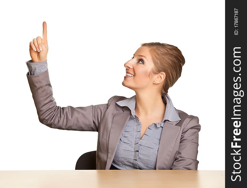 Businesswoman in suit pointing hand isolated on white