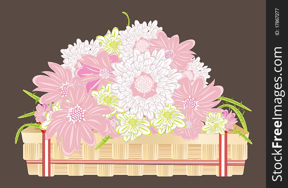 Chrysanthemum flowers in a wooden tray with red-white ribbons and green thorny btanches