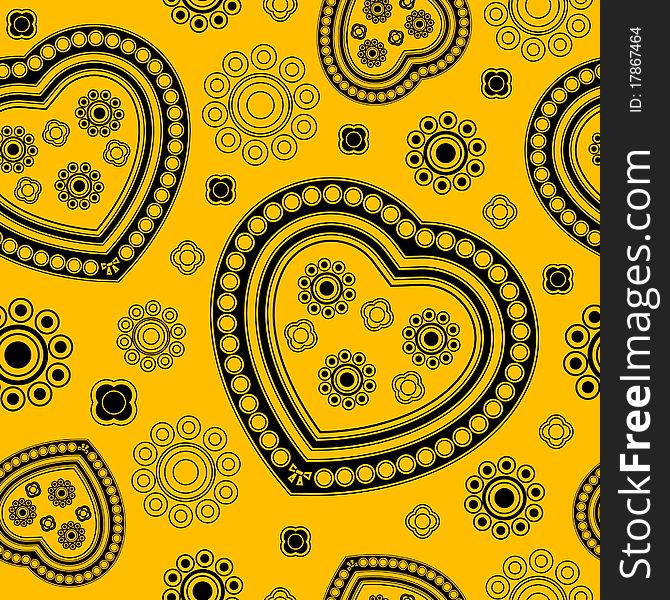 Black ornamental hearts on yellow background - vector seamless pattern. Black ornamental hearts on yellow background - vector seamless pattern.