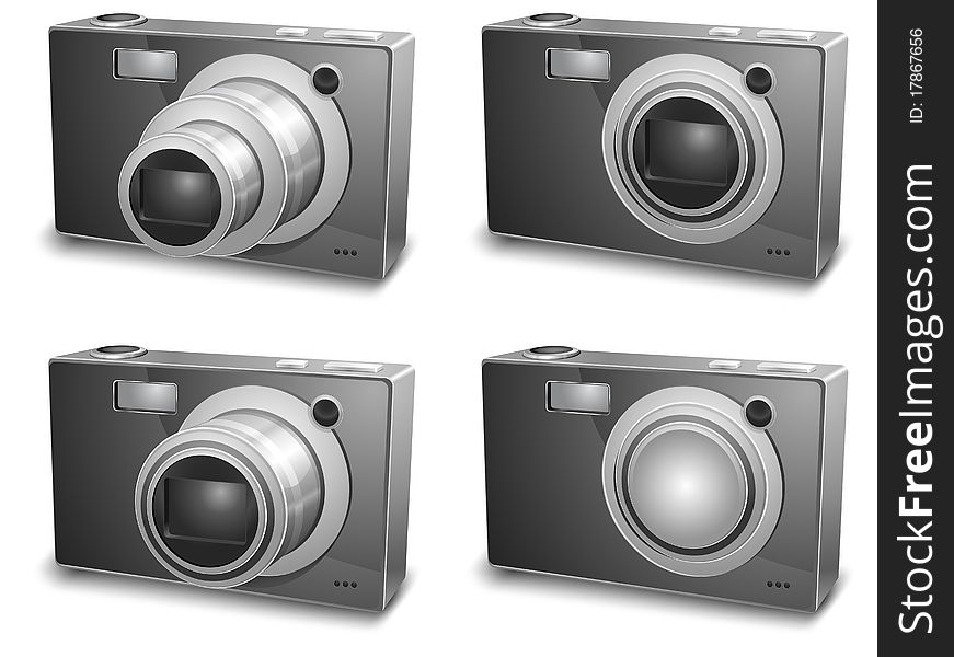 Digital silver photo cameras isolated on white background,  illustration