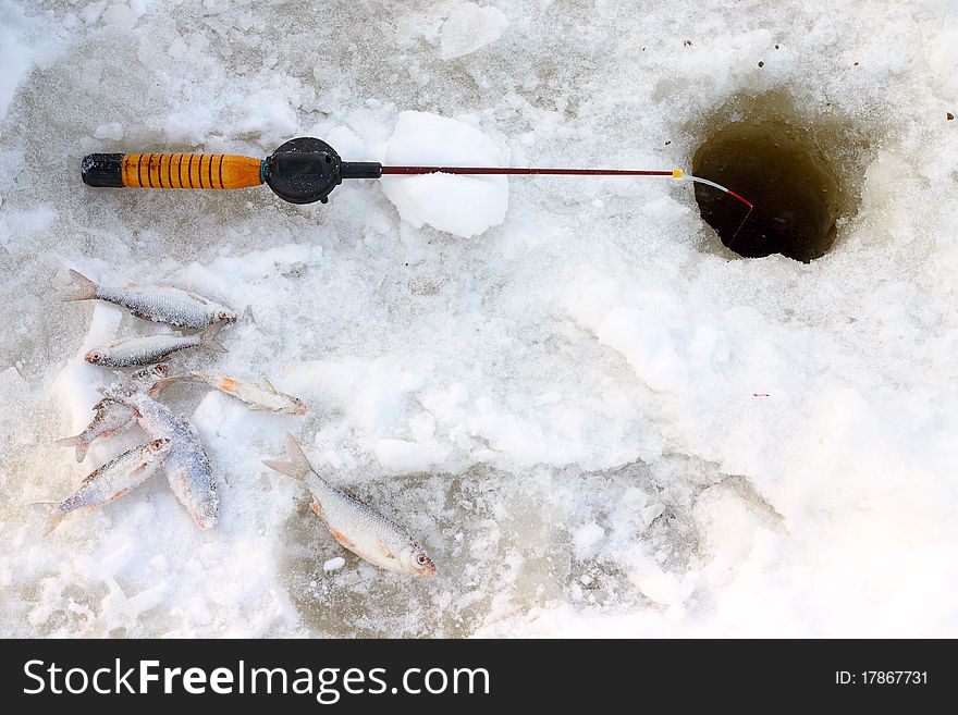 Ice fishing rod with catch