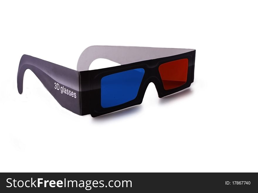 A photo of paper glasses with red and blue lenses to watch 3D movie. A photo of paper glasses with red and blue lenses to watch 3D movie