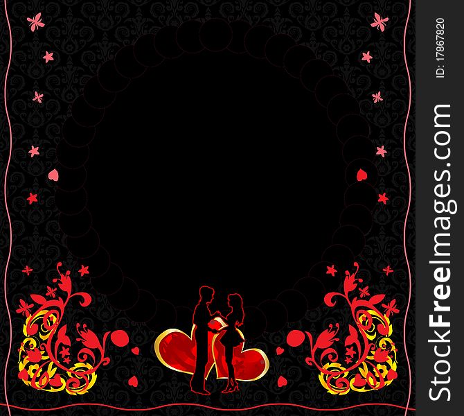 Ornate flowers with hearts and dancing couple. Red and orange colors with cold imitation will be perfect to reflect strong love. Card have a place for your text. Ornate flowers with hearts and dancing couple. Red and orange colors with cold imitation will be perfect to reflect strong love. Card have a place for your text.