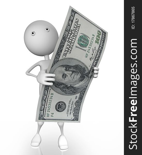 3d man holding 100 dollar