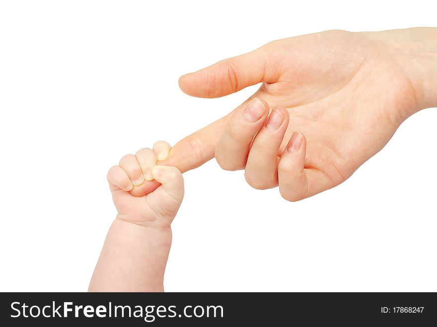 Baby hand holding mother finger isolated on white. Baby hand holding mother finger isolated on white