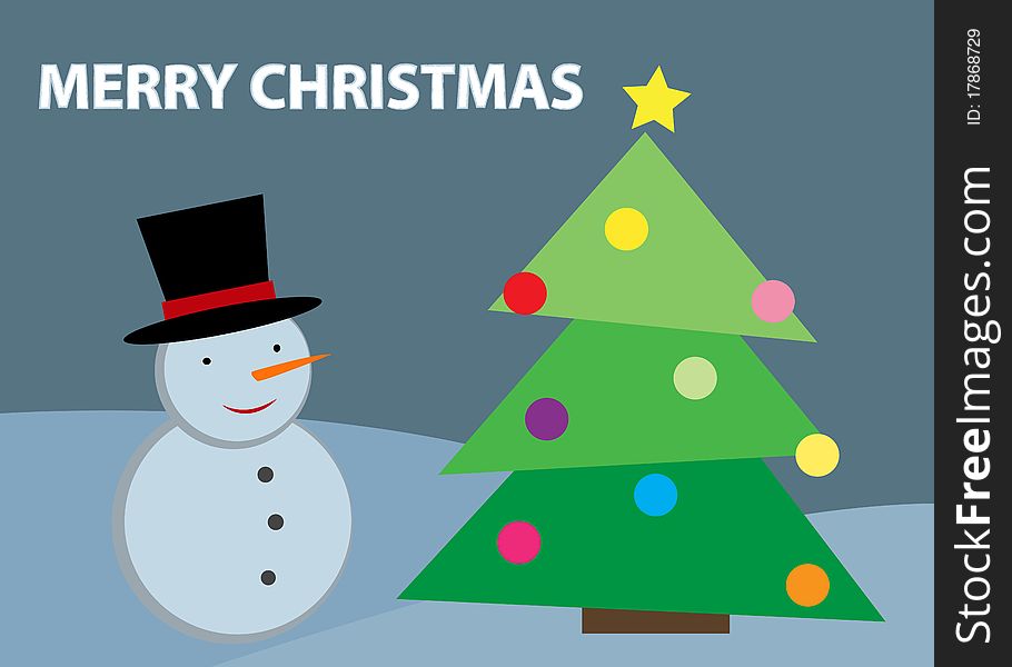Christmas illustration with snowman and christmas tree