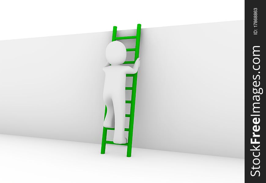 3d human ladder wall success business up green. 3d human ladder wall success business up green