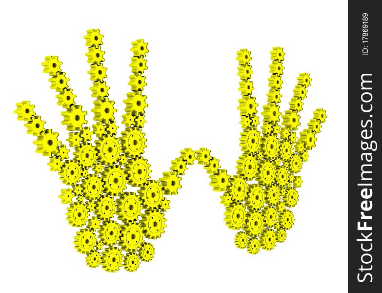 3d hands of the yellow gear. 3d hands of the yellow gear