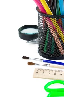 Paintbrush And Pencils In Holder Isolated On White Royalty Free Stock Image Paintbrush And Pencils In Holder Isolated On White Royalty Free Stock Image