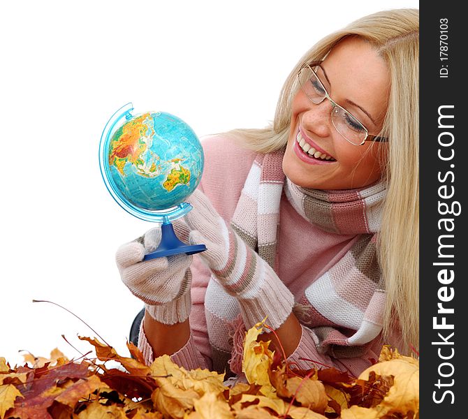 Woman take globe isolated in studio. Woman take globe isolated in studio