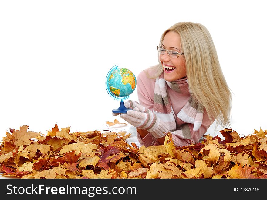 Woman take globe isolated in studio. Woman take globe isolated in studio