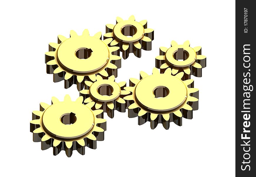 Six golden gears connecting each other