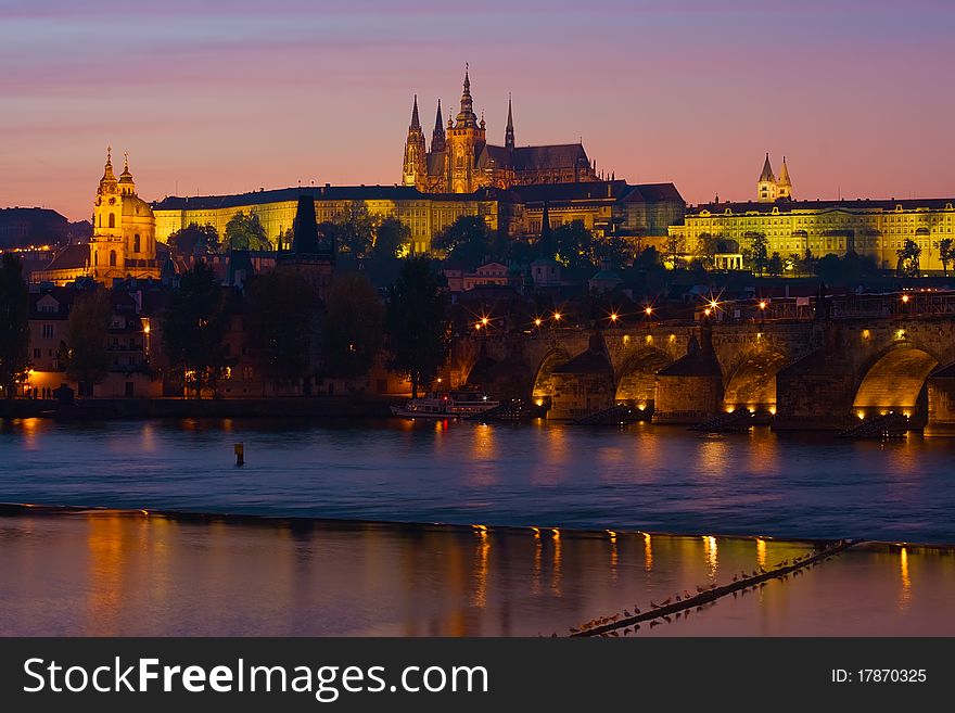 Night view on Castle, Charles Bridge and St. Vitus Cathedral in Prague, Czech Republic. Night view on Castle, Charles Bridge and St. Vitus Cathedral in Prague, Czech Republic