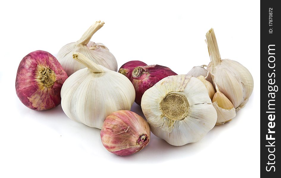 Garlic and red shallot ingredients isolated on white background