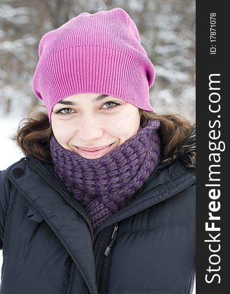 The Young Happy Woman The Brunette In A Pink Beret