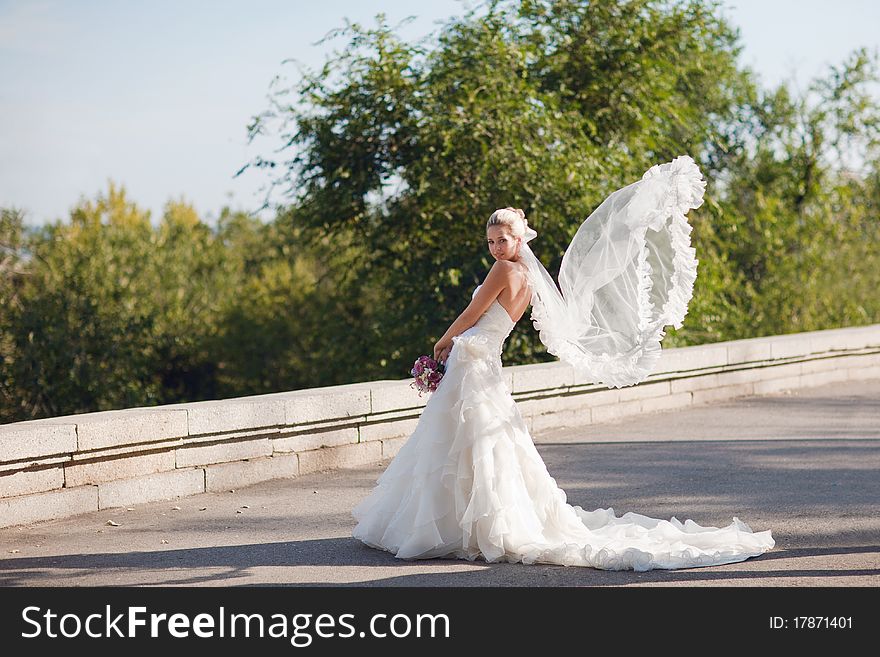 Bride with flying veil as wings. Bride with flying veil as wings