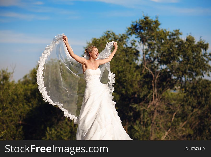 Bride with flying veil as wings. Bride with flying veil as wings