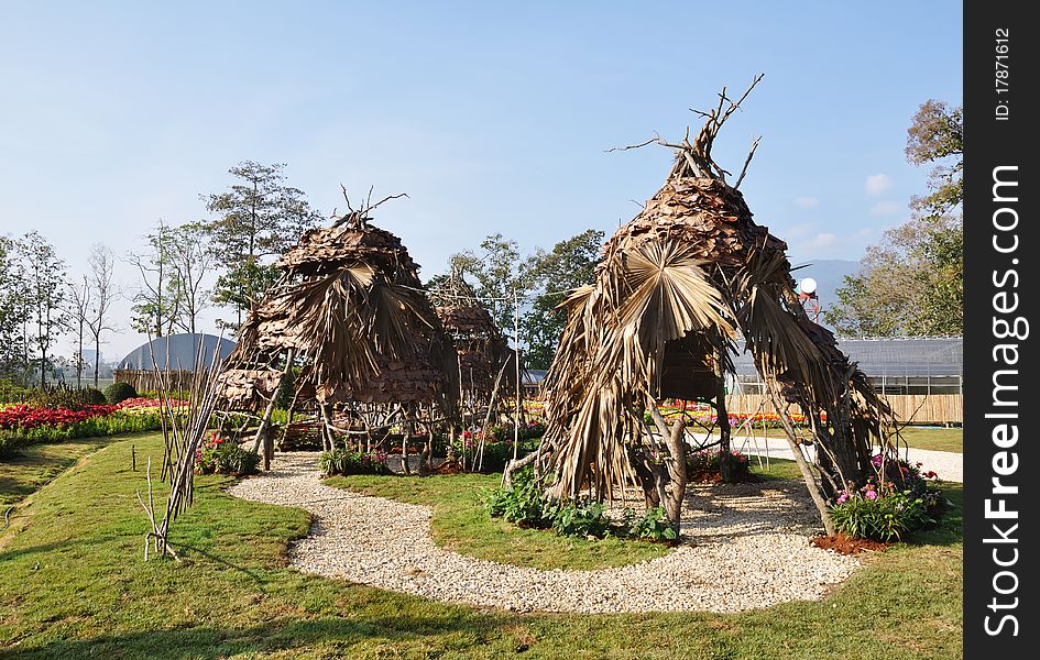 Huts made of twigs. A roof made of leaves at Suan Chalermprakiat Chiangmai province