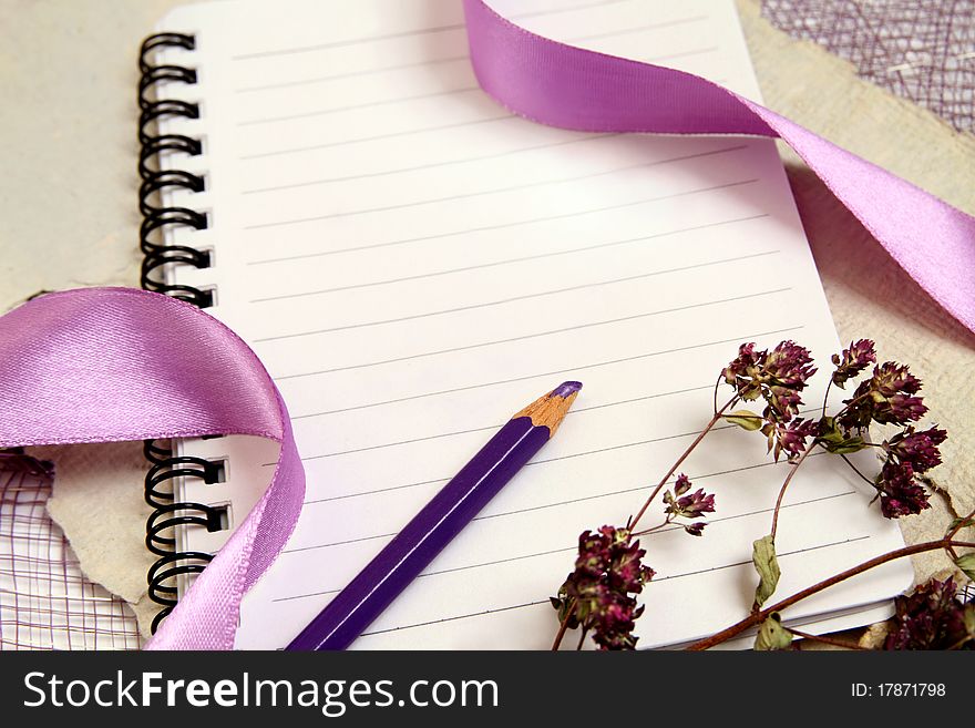 Pretty background with shiny ribbons and herbs for romantic notes. horizontal composition. Pretty background with shiny ribbons and herbs for romantic notes. horizontal composition