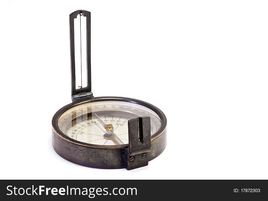 Old field compass on a white background. Clipping path included.