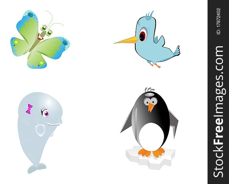 Cartoon animal-dolphin, penguin, bird and butterfly