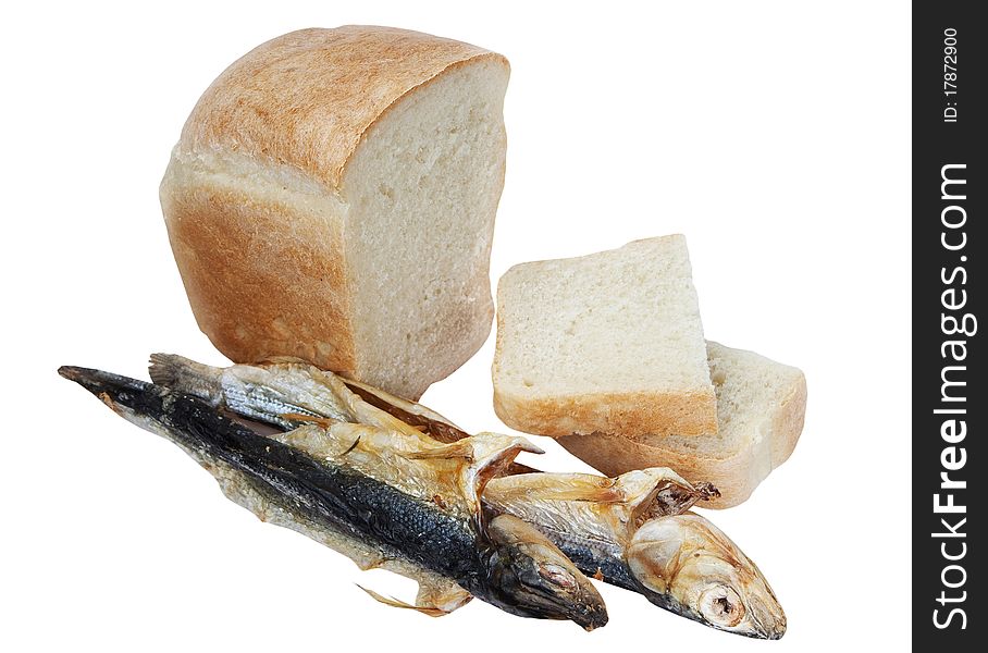 Bread and dried fish - the food on a white background