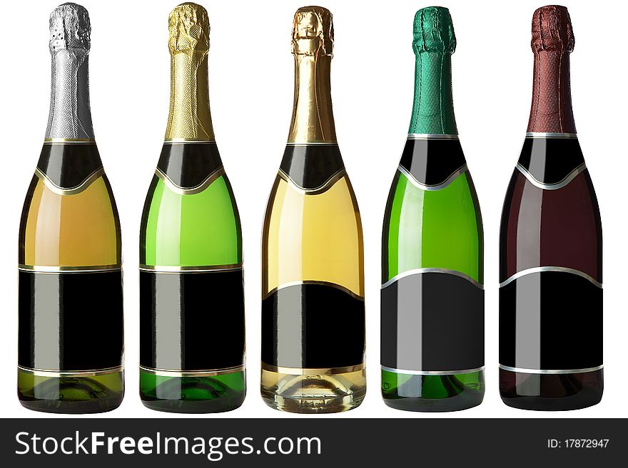 Set 5 bottles of wine with black labels isolated on white background. More - in my portfolio. Set 5 bottles of wine with black labels isolated on white background. More - in my portfolio