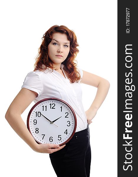 An image of a young woman with a big clock. An image of a young woman with a big clock