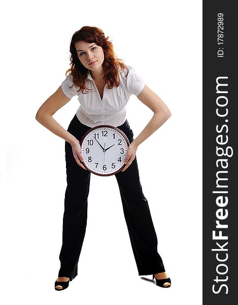 A portrait of a beautiful woman with big clock. A portrait of a beautiful woman with big clock