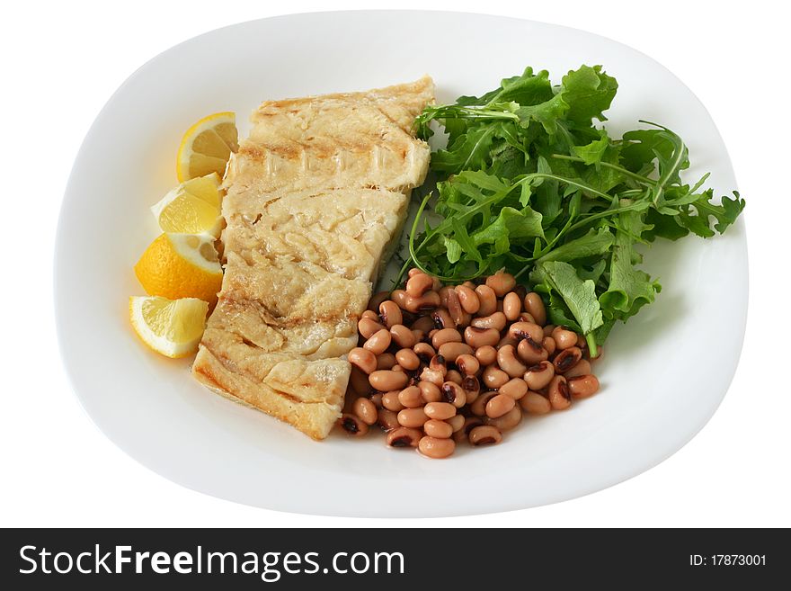 Boiled codfish with beans and salad