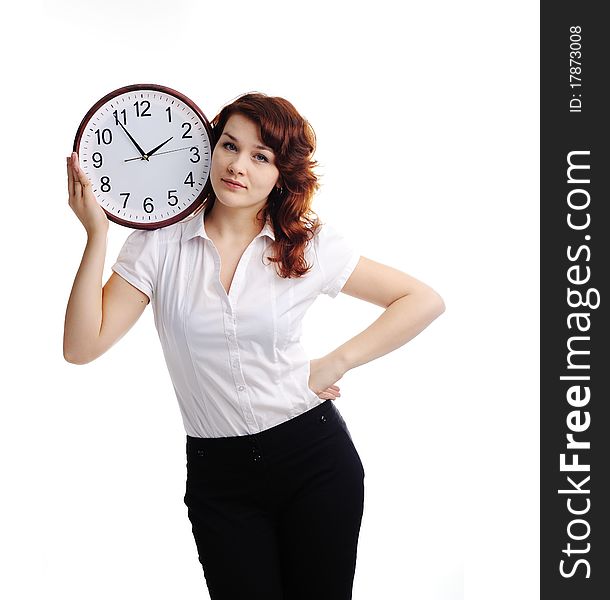 An image of a beautiful woman with a clock. An image of a beautiful woman with a clock