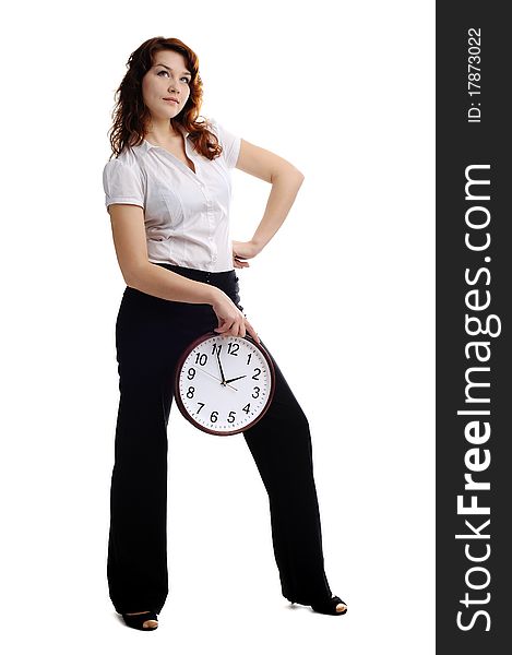 A portrait of a beautiful woman with big clock. A portrait of a beautiful woman with big clock